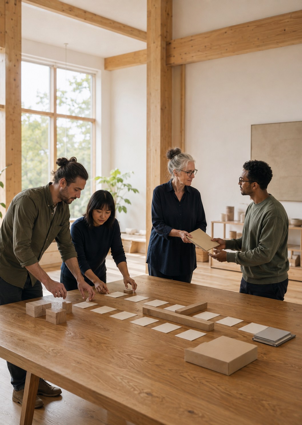 Vier Menschen ordnen gemeinsam Karten und Holzmodelle in einem hellen Atelier.